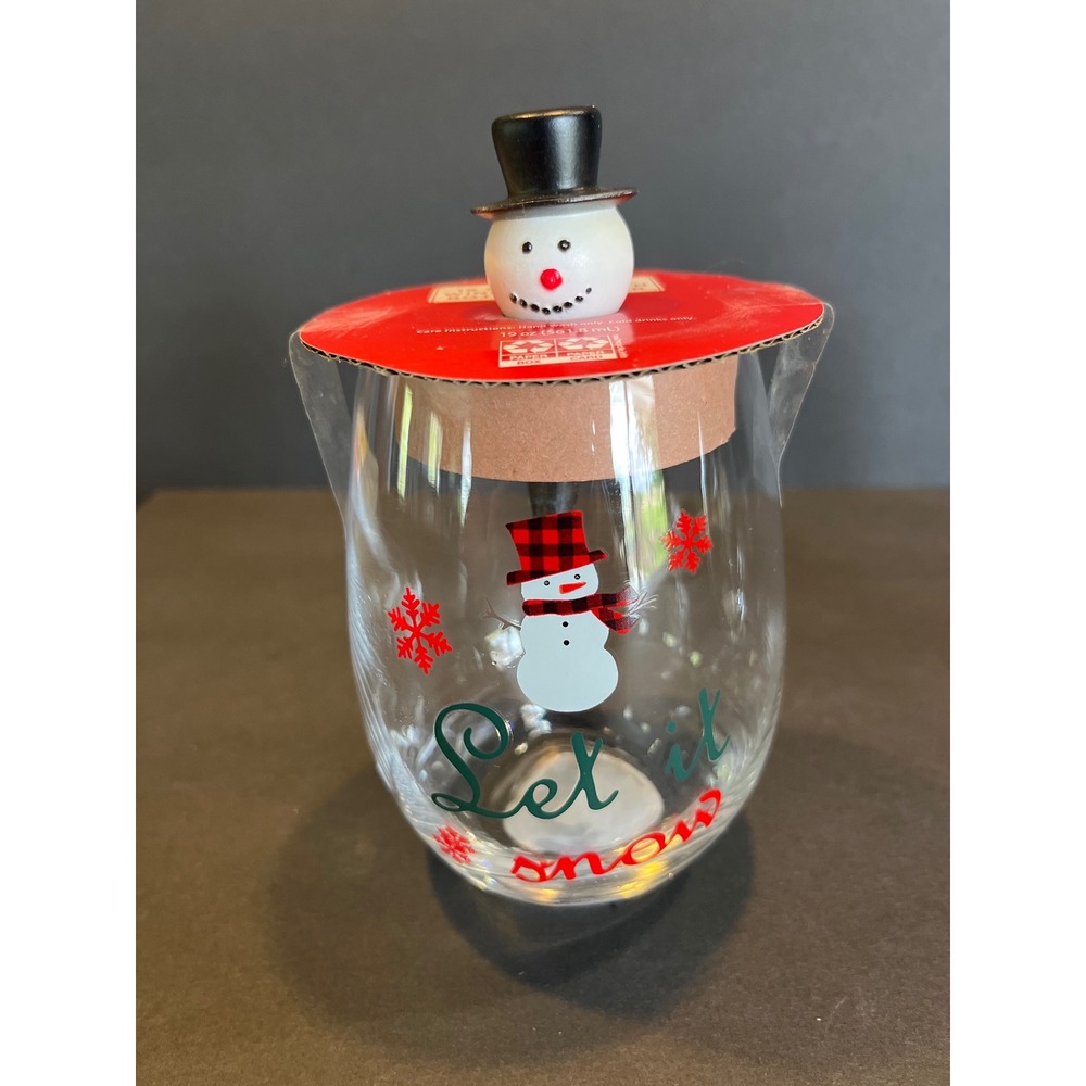 Holiday Time Let It Snow Stemless Wine Glass with Snowman Bottle Stopper 19oz